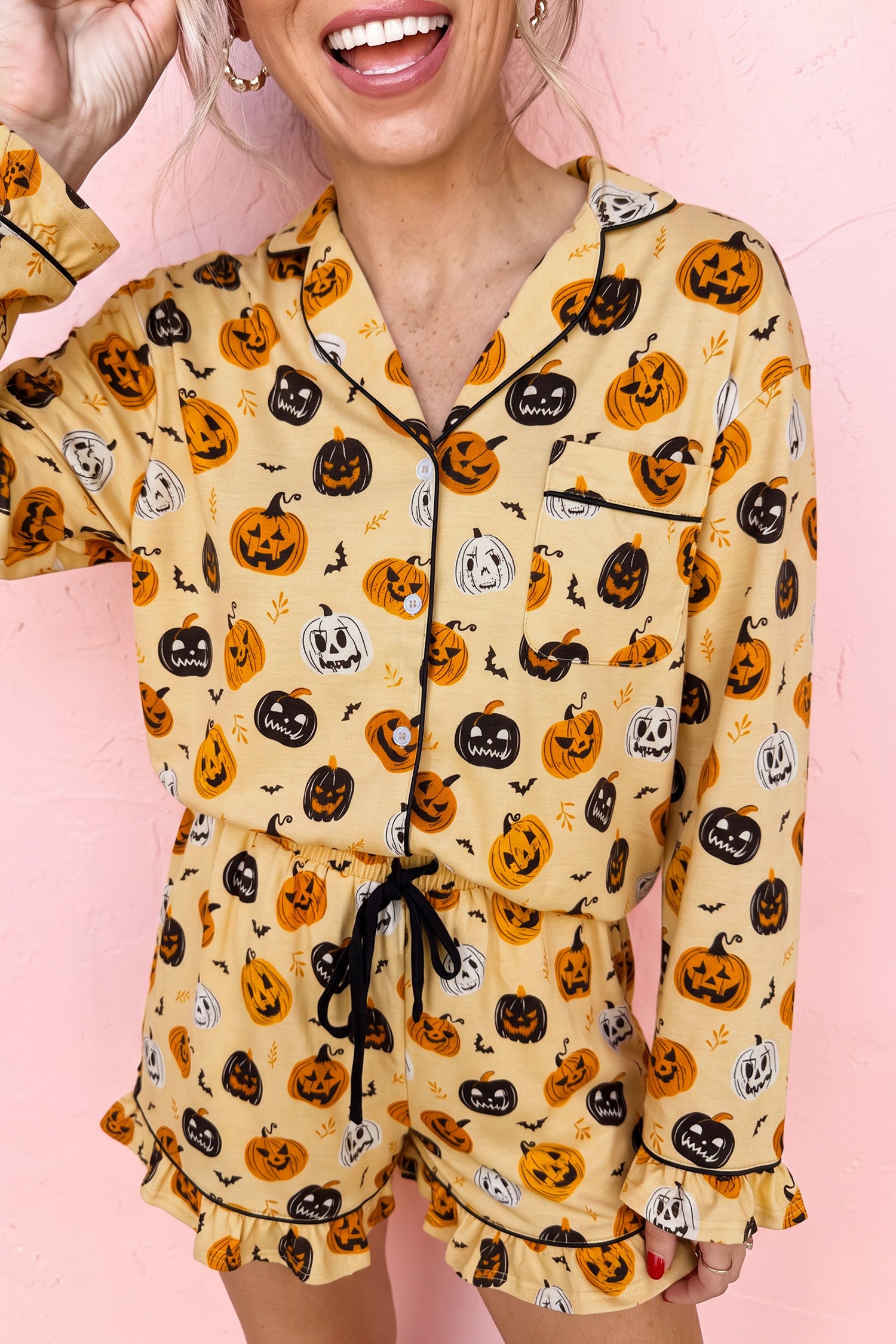 Orange Long Sleeve Ruffle Pumpkin Face Print Two Piece Lounge Set 🇺🇸
