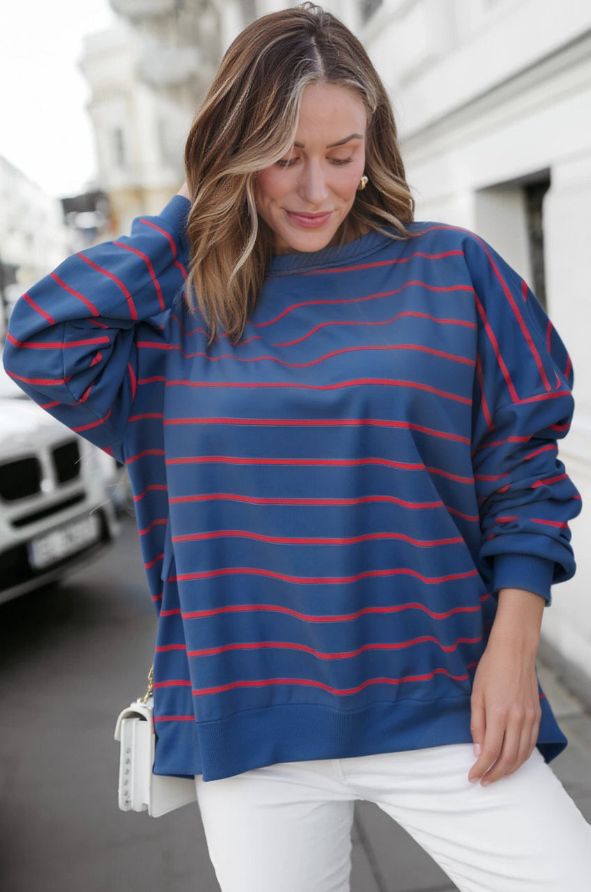 Blue Stripe Stylish Overlap Detail Drop Shoulder Pullover Sweatshirt 🇺🇸