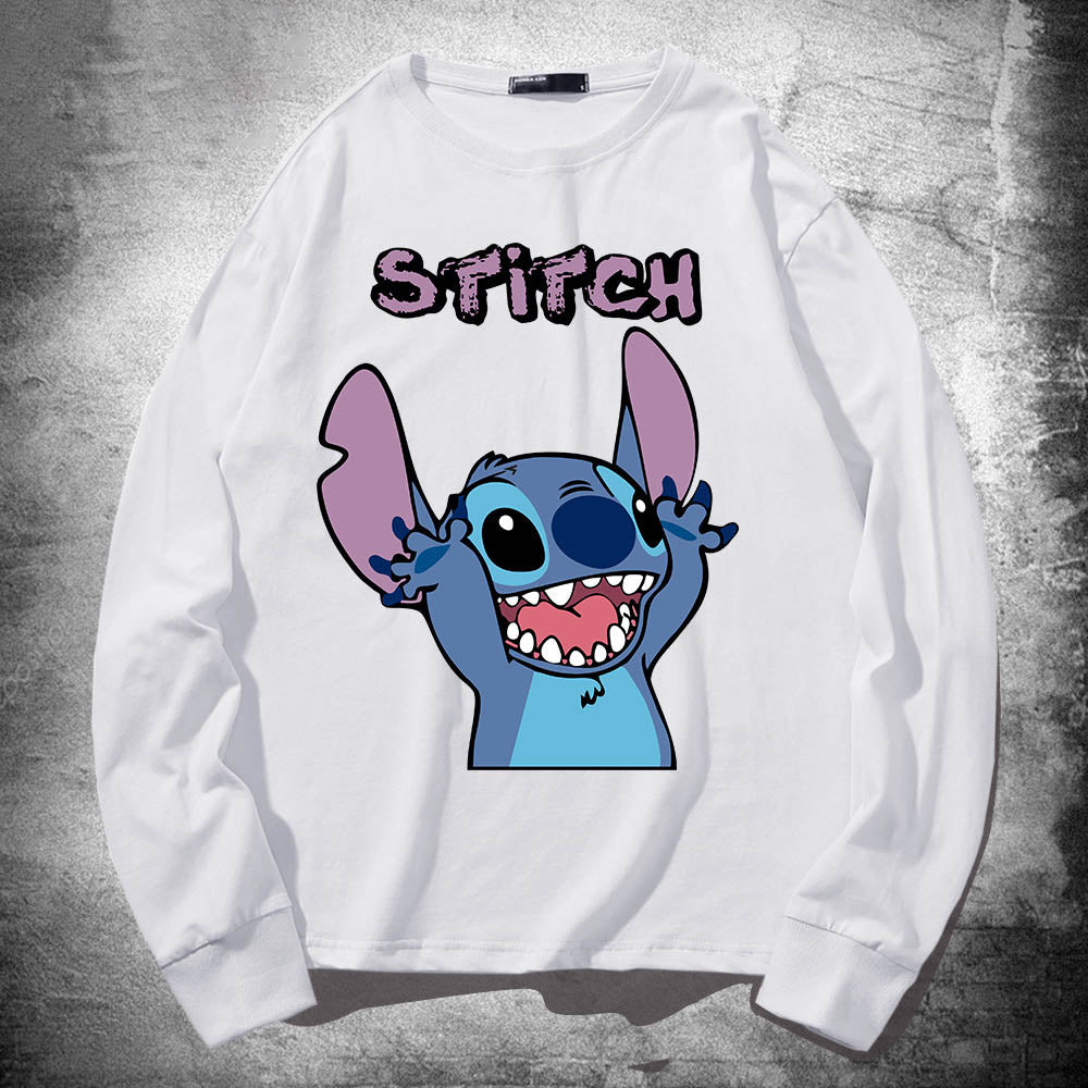 Stitch Long Sleeved T Shirt For Men and Women, Thin Pure Cotton, Loose Fitting, Like Couples Outfit, Round Neck Base Shirt, Clothes On Top 🇨🇳