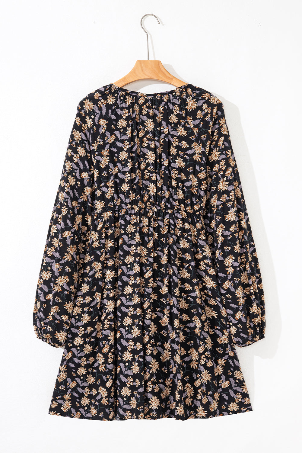 Black Floral Deep V Neck Smocked Bust Bubble Sleeve Babydoll Dress 🇺🇸