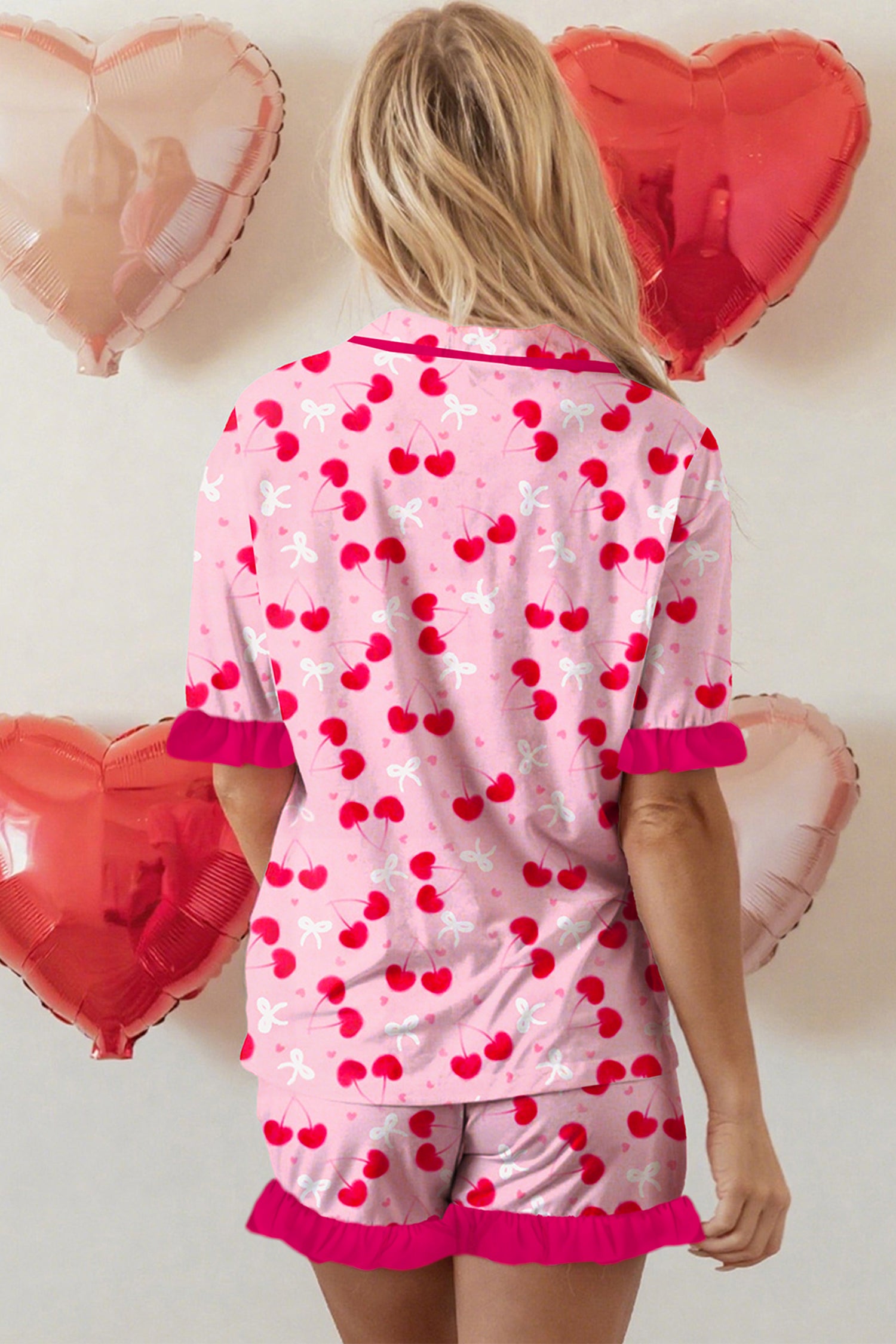 Rose Cherry Bow Mixed Print Scalloped Edge Short Pajama Set 🇺🇸