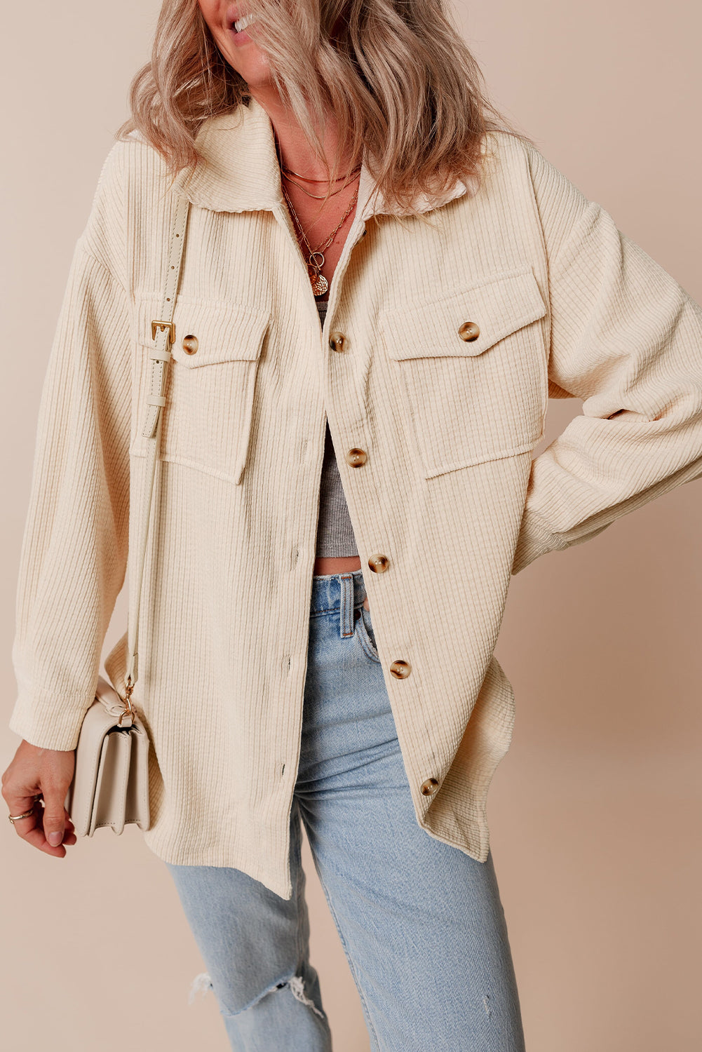Oatmeal Corduroy Flap Pocket Button Up Shacket 🇺🇲
