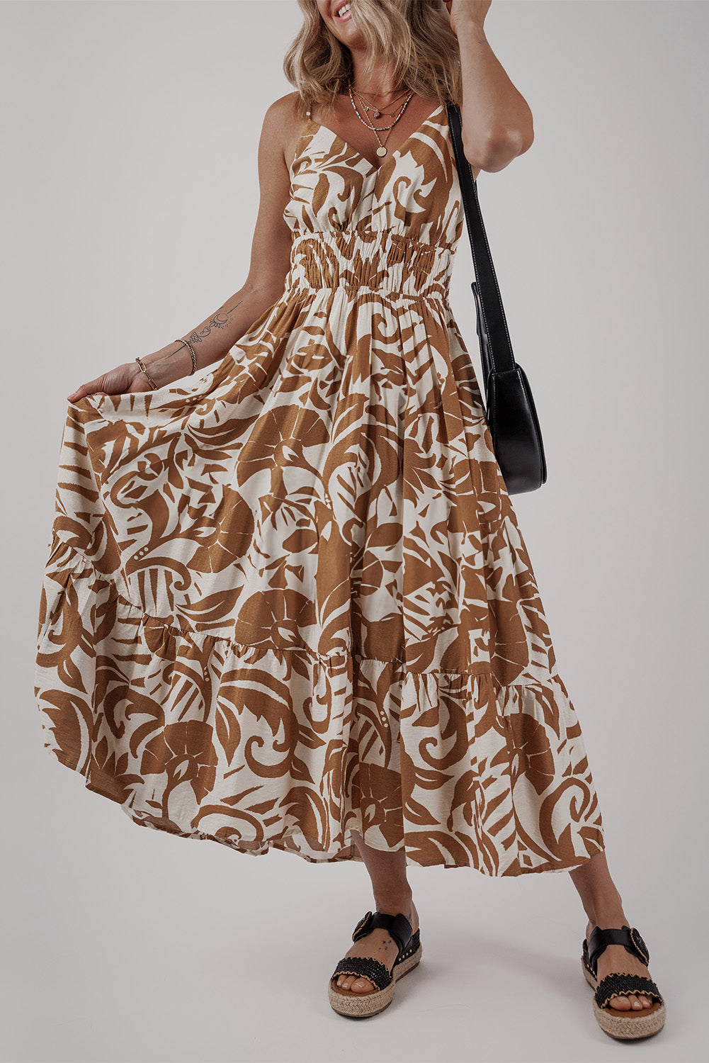 Khaki Floral Shirred High Waist Spaghetti Straps Maxi Dress 🇨🇳