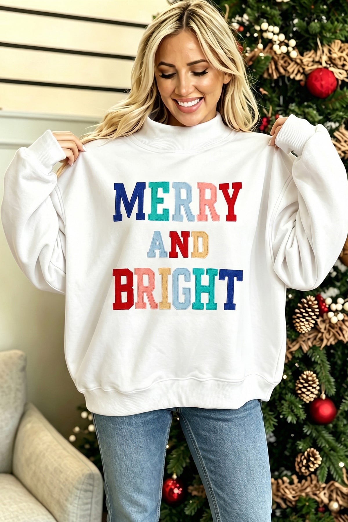 White MERRY AND BRIGHT Stitched Letter Pattern Mock Neck Sweatshirt 🇺🇸