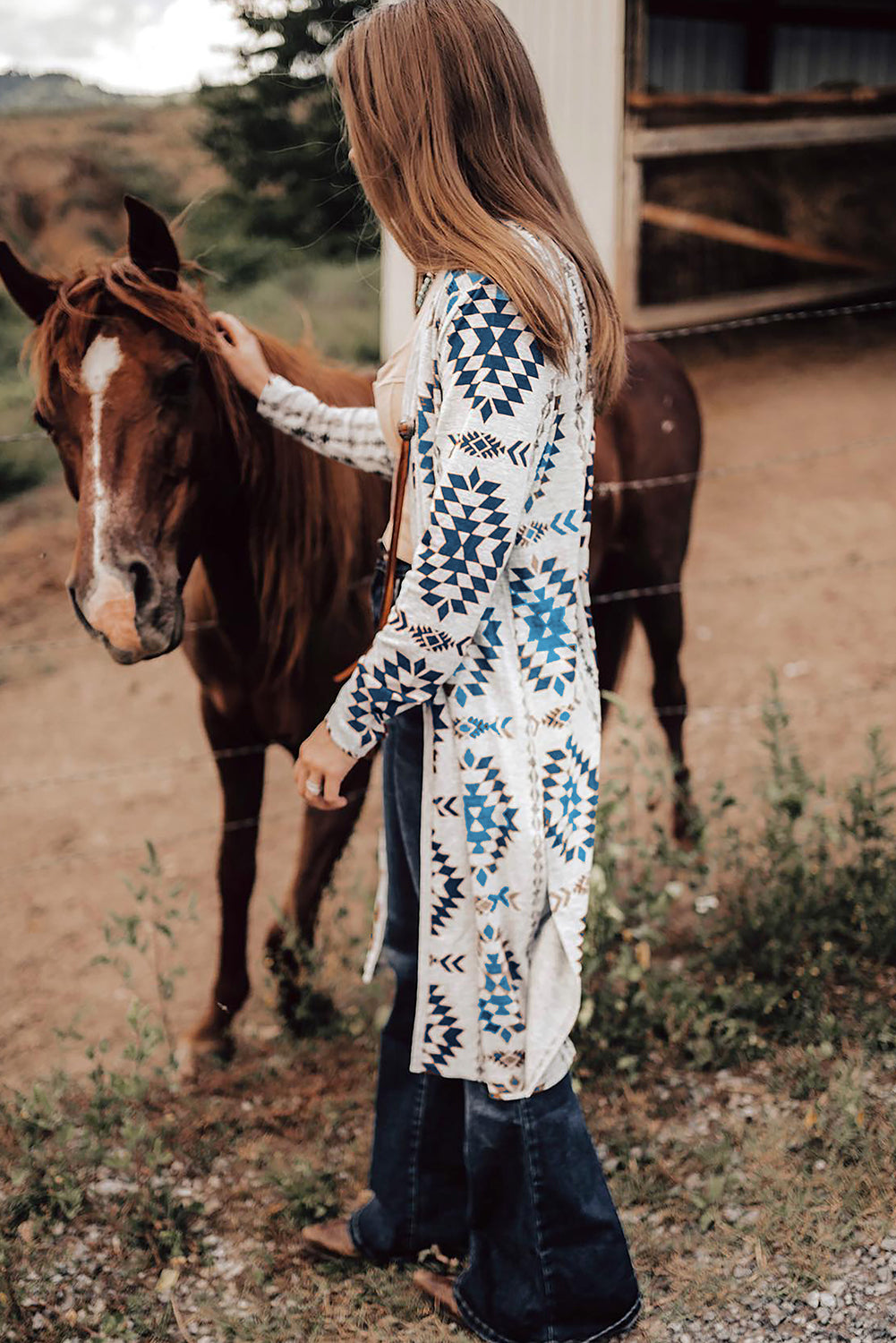 Sky Blue Western Aztec Printed Open Front Long Cardigan 🇺🇲