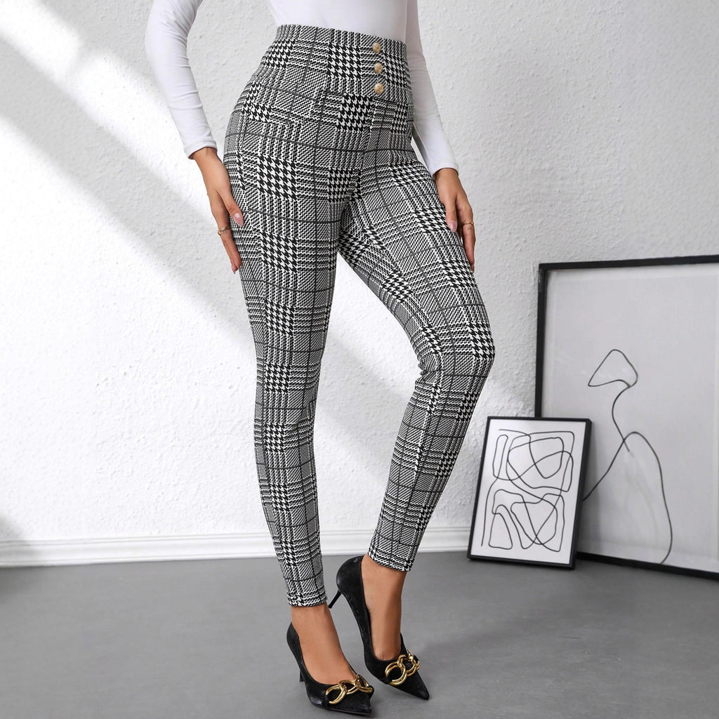 Women's Check Print Button Embellished High-waist Slim-fit Knit Pants 🇨🇳