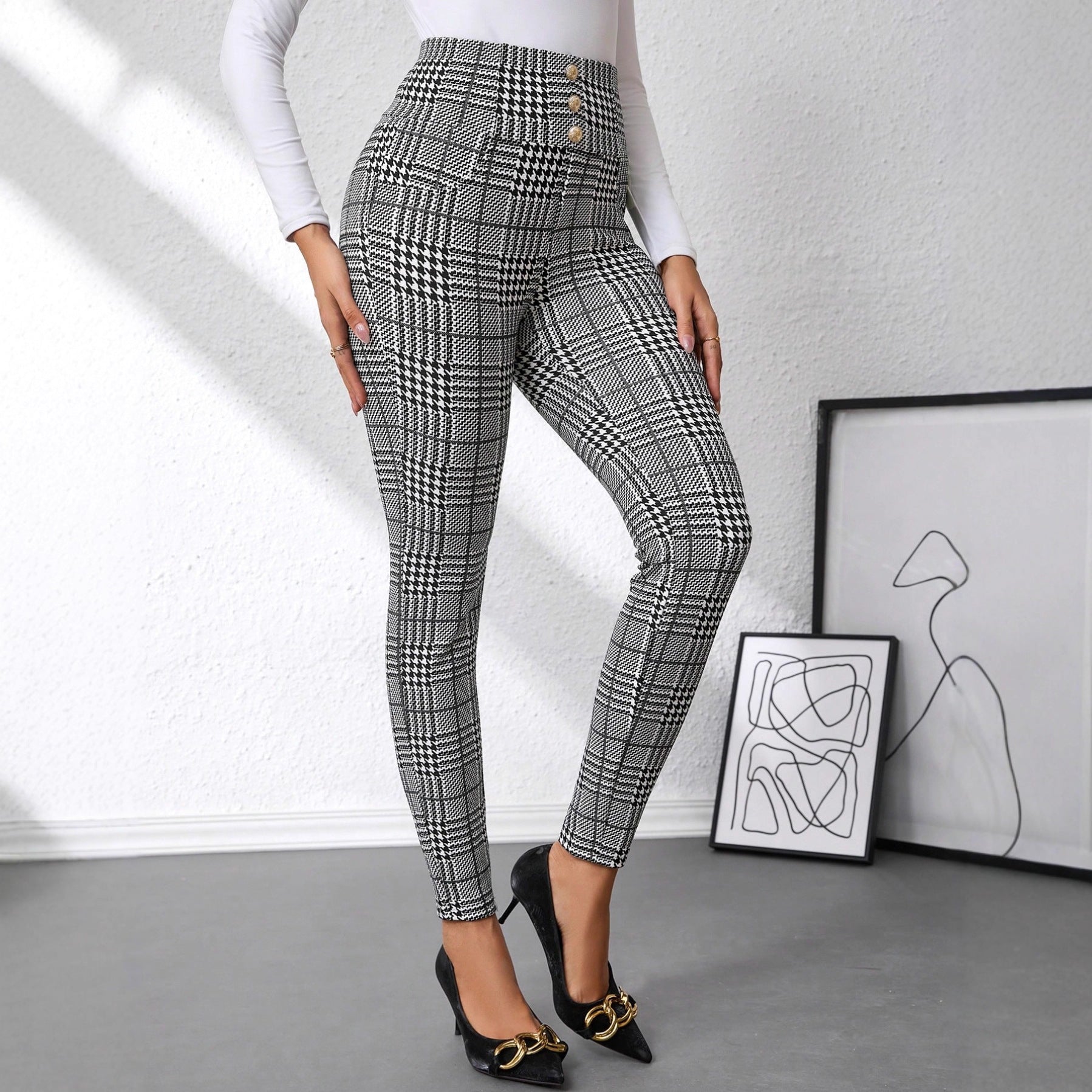 Women's Check Print Button Embellished High-waist Slim-fit Knit Pants 🇨🇳