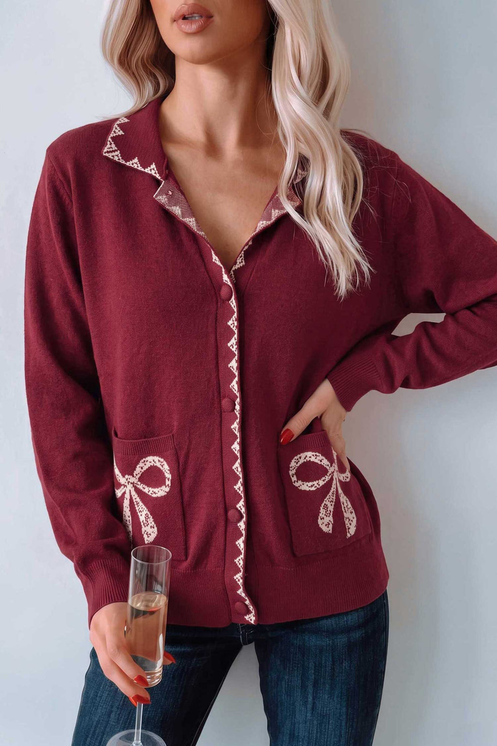 Burgundy Bow Pocket Collar Long Sleeve Knit Cardigan 🇺🇸