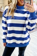 Blue Stripe Colorblock Mock Neck Relaxed Sweatshirt 🇺🇸