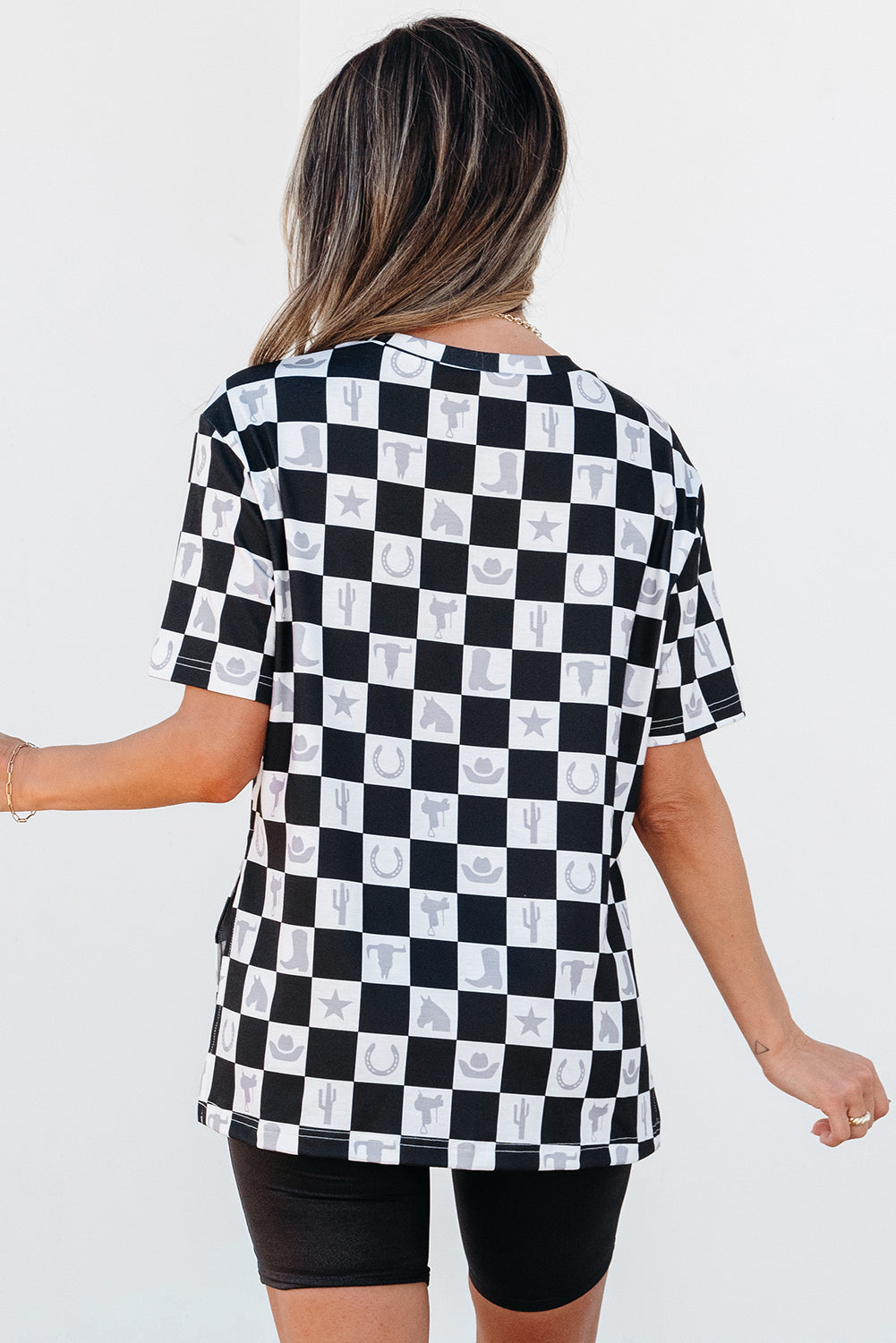 Black Western Fashion Checkerboard Print Side Split T Shirt 🇨🇳