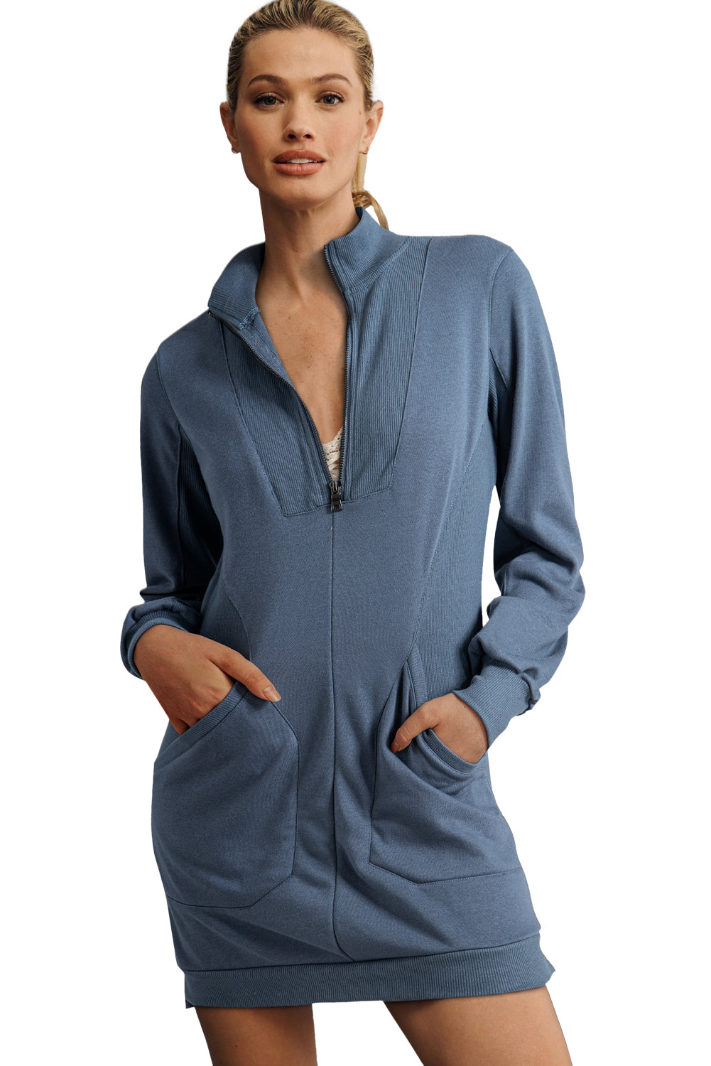 Ivy Zip up Collared Ribbed Patchwork Sweatshirt Dress with Pockets 🇺🇸