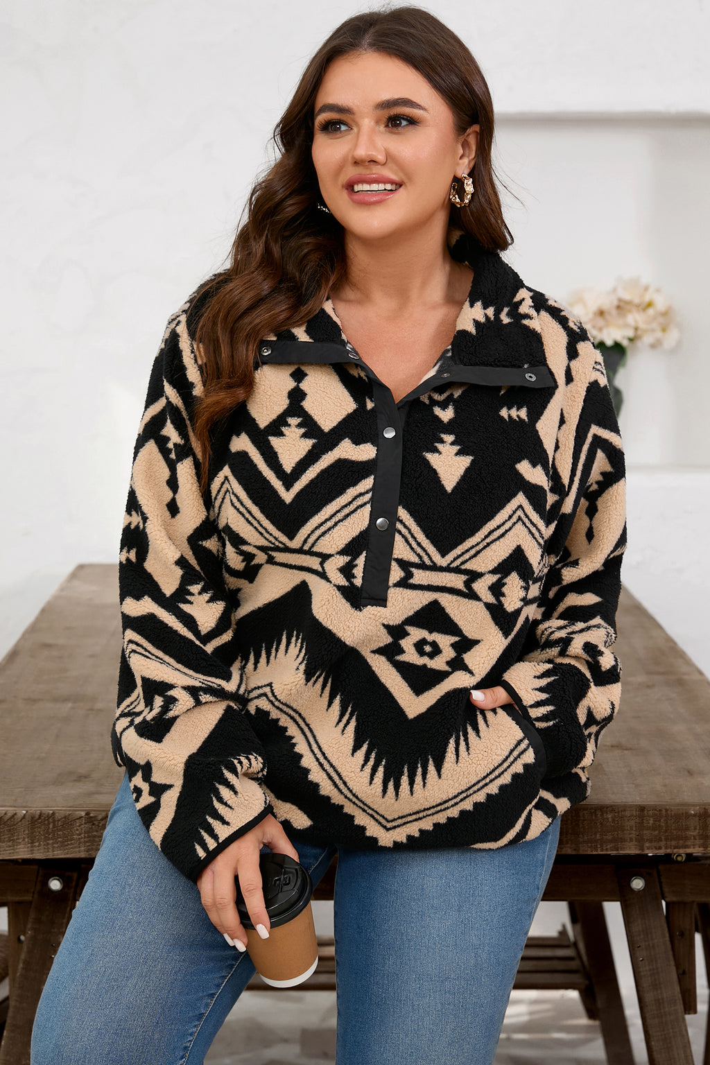 Black Plus Size Western Aztec Pattern Half Button Collared Plush Sweatshirt 🇺🇸