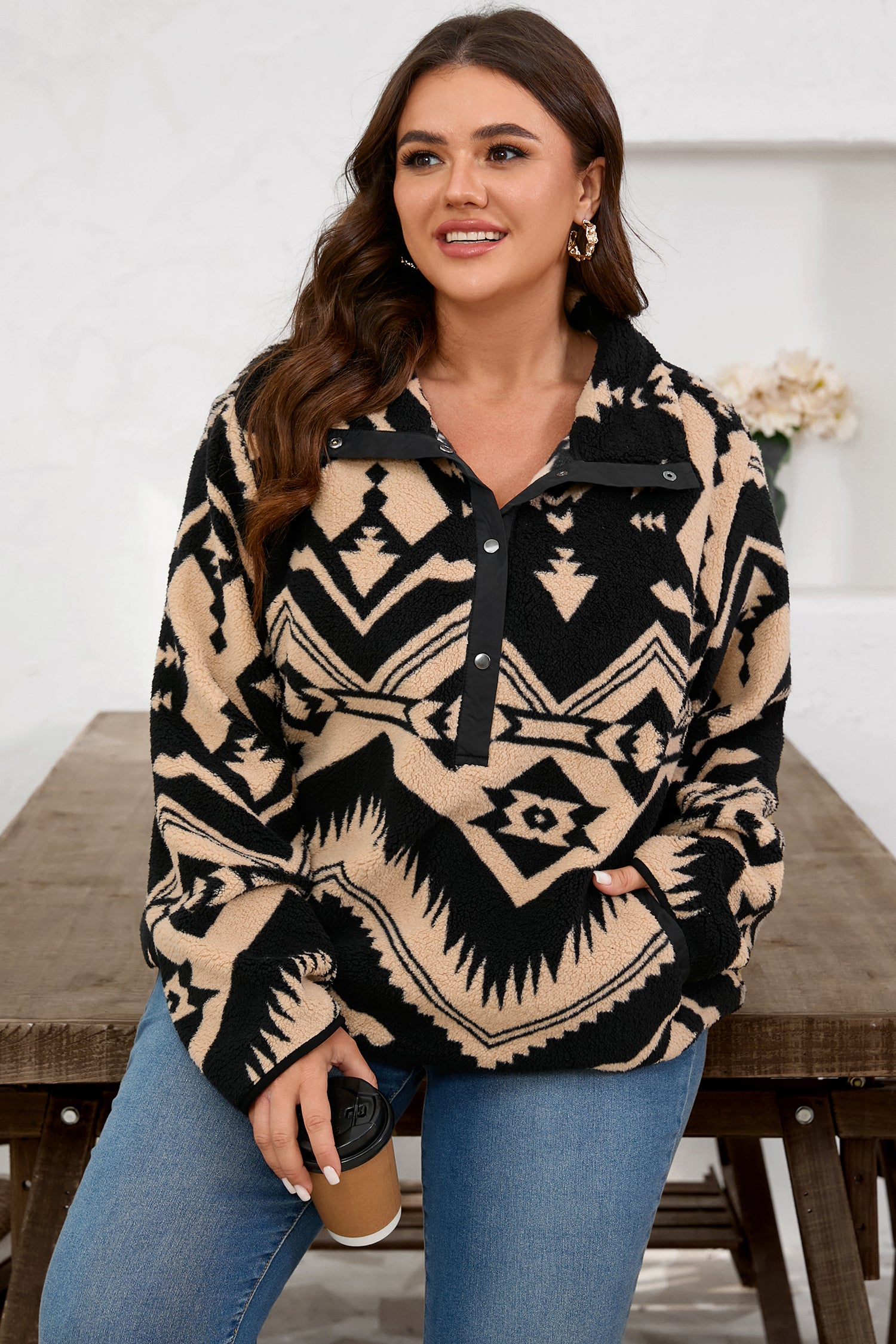 Black Plus Size Western Aztec Pattern Half Button Collared Plush Sweatshirt 🇺🇸