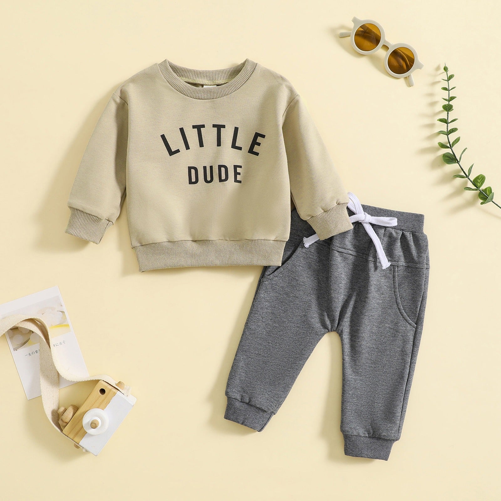 Children's round neck letter printed top solid color pants two-piece set multi-color design 🇨🇳