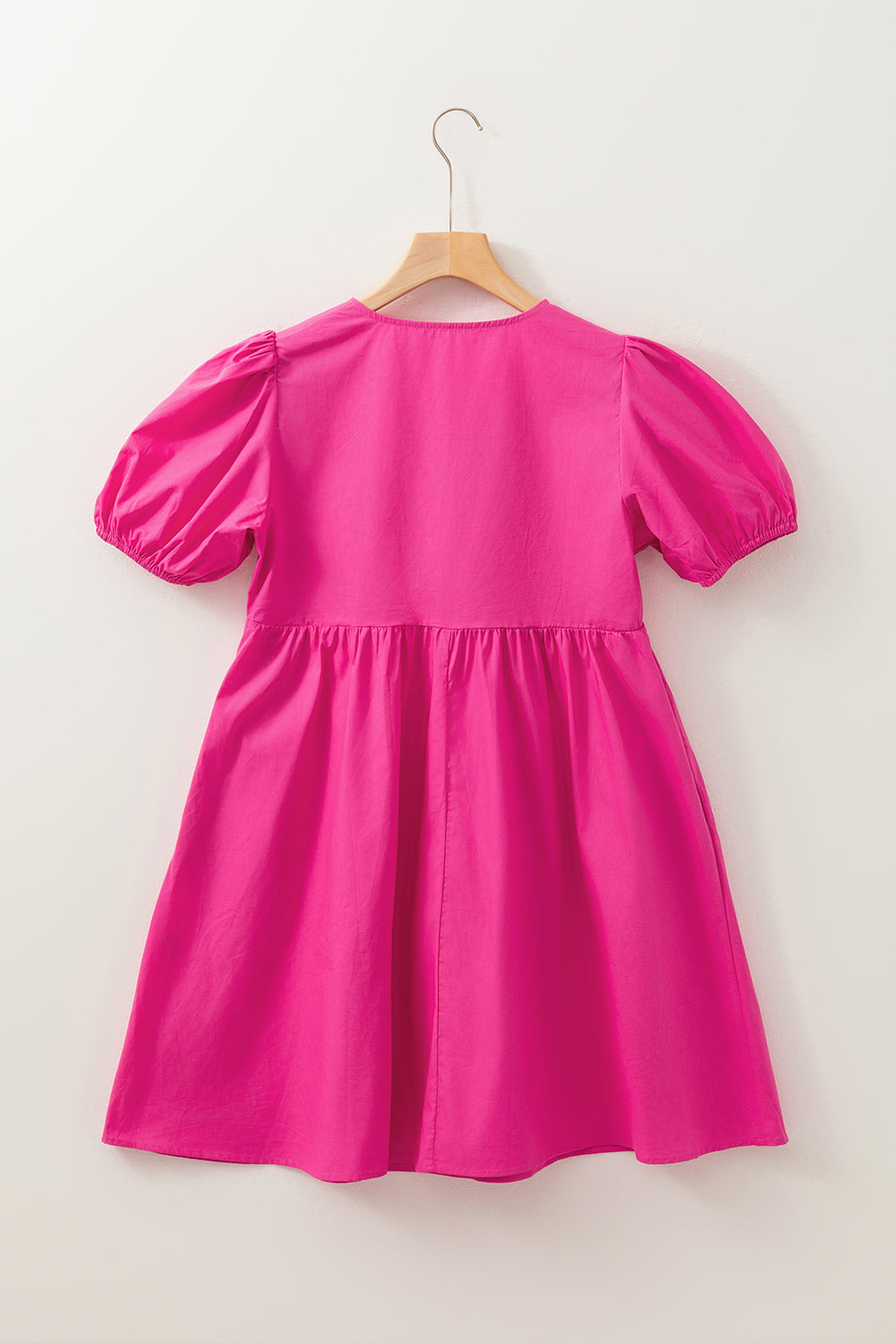Bright Pink Solid Color Puff Sleeve Tie Front High Waist Mini Dress 🇺🇸