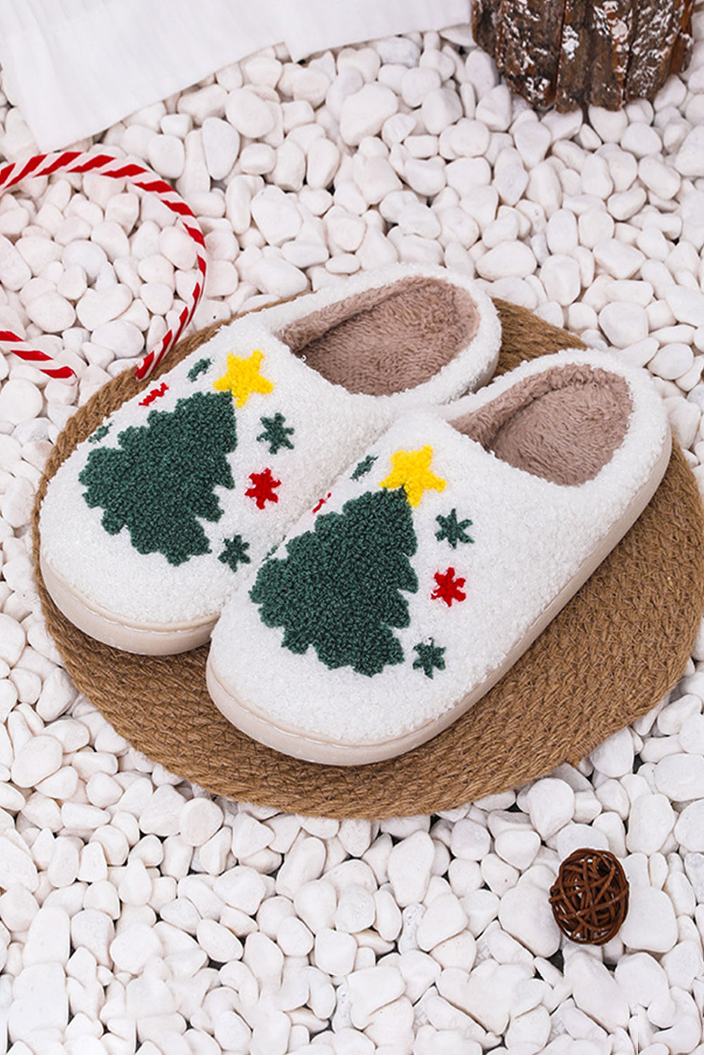White Fuzzy Christmas Tree Pattern Home Slippers🇺🇸