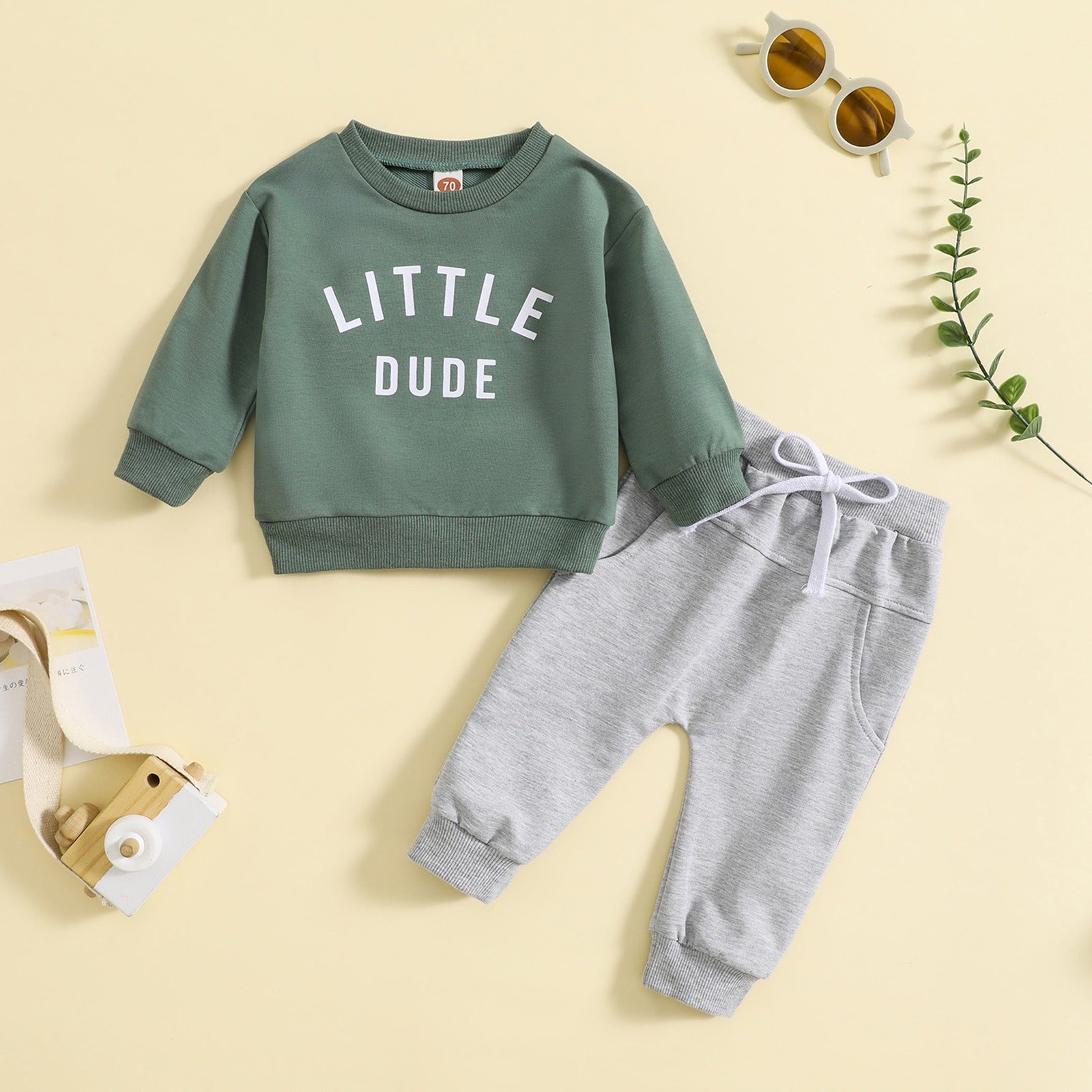 Children's round neck letter printed top solid color pants two-piece set multi-color design 🇨🇳