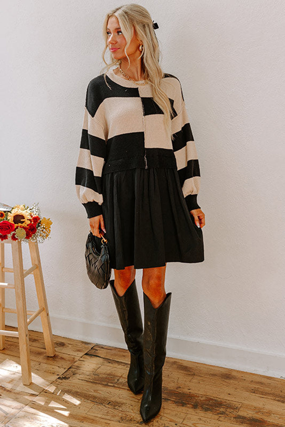 Black Stripe Two in One Knitted Top High Waist Splicing Hem Sweater Dress 🇺🇲