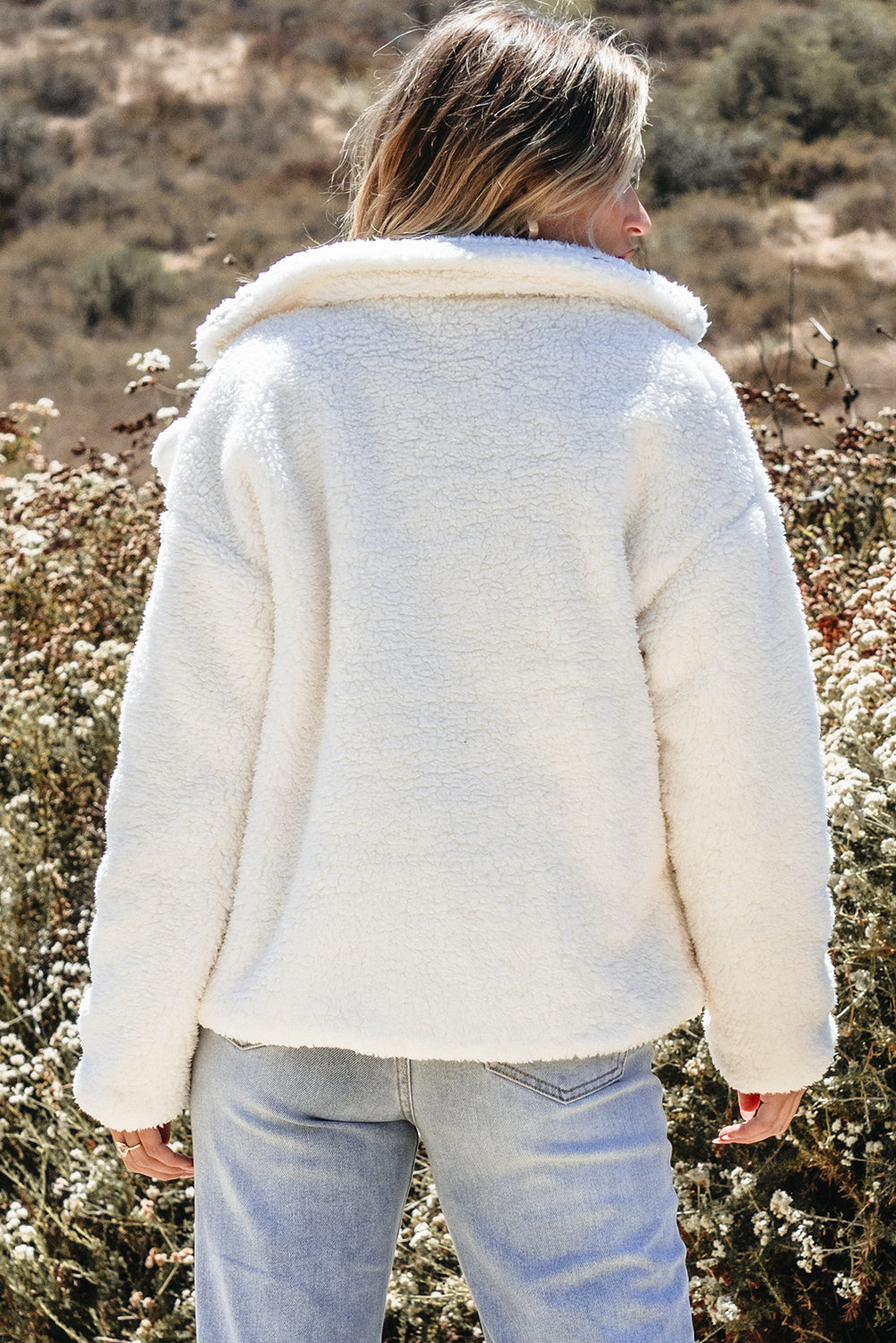 Beige Faux Fur Button Pocketed Lapel Collar Jacket 🇺🇲