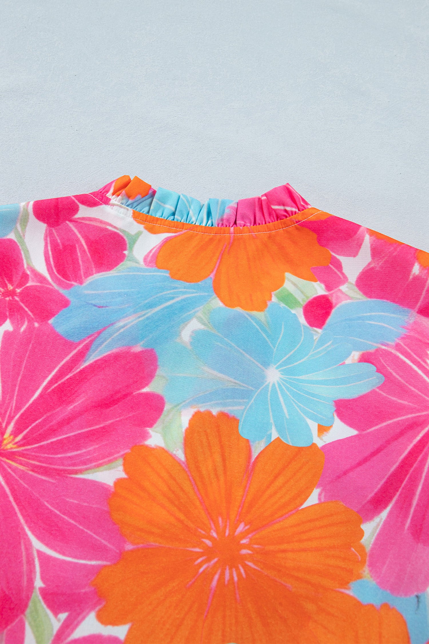 Multicolour Vibrant Flower Printed Tie V Neck Ruffle Trim Sleeveless Blouse 🇺🇸