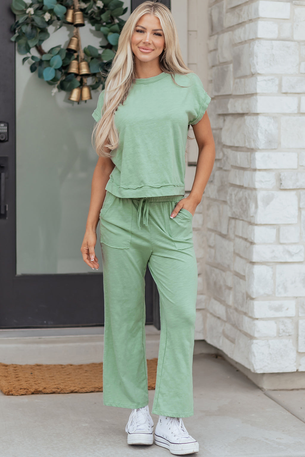 Canton Cuffed Short Sleeve Tee Raw Seam Patch Pocket Drawstring Pants Set 🇺🇸