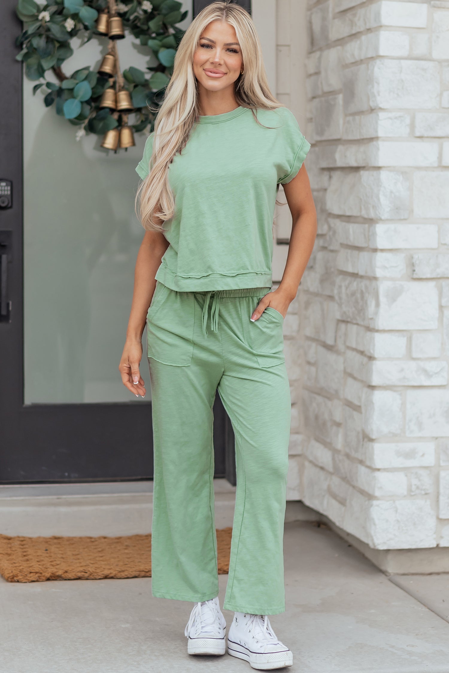 Canton Cuffed Short Sleeve Tee Raw Seam Patch Pocket Drawstring Pants Set 🇺🇸