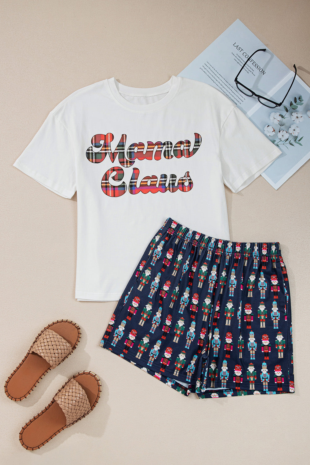Pink Mama Claus Plaid Letter Tee Nutcracker Shorts 2pcs Lounge Set 🇺🇸