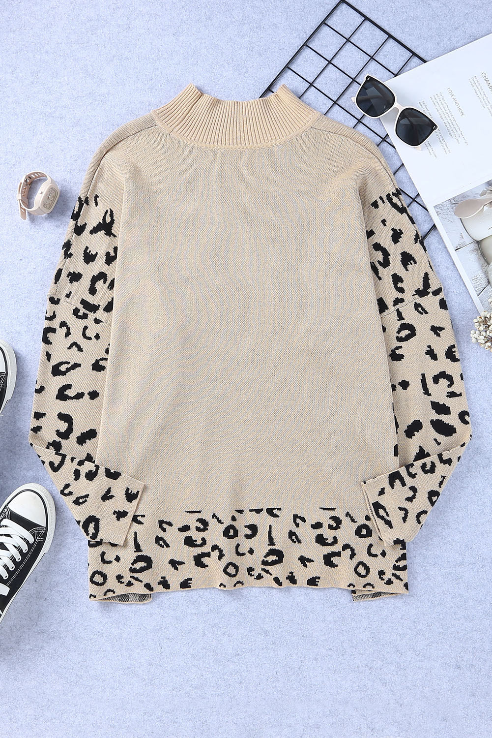 Khaki Leopard High Neck Side Slit Oversized Sweater 🇺🇸