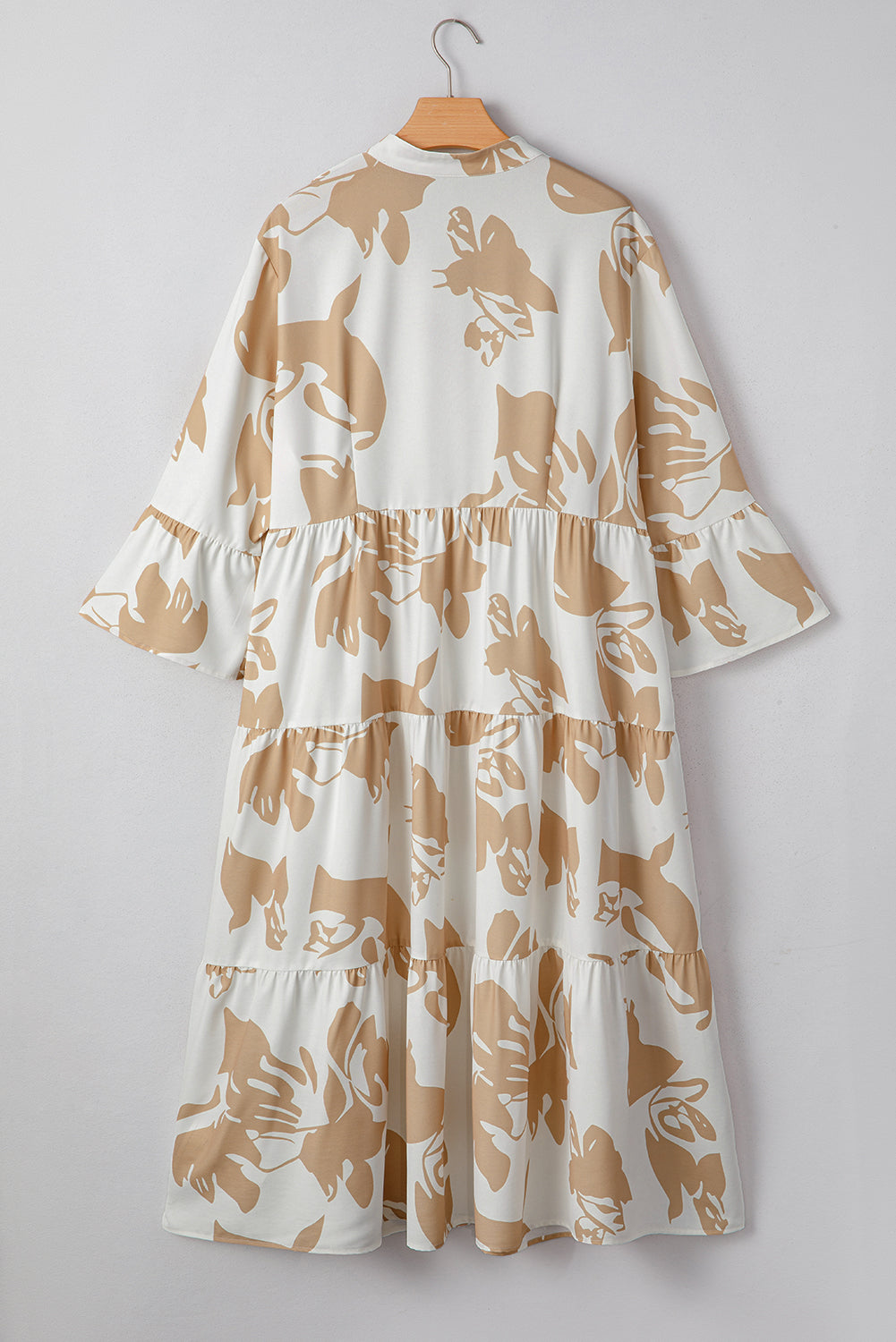 Khaki Patterned Ruffled Sleeve Half Placket Tiered A-line Plus Size Long Dress 🇺🇸