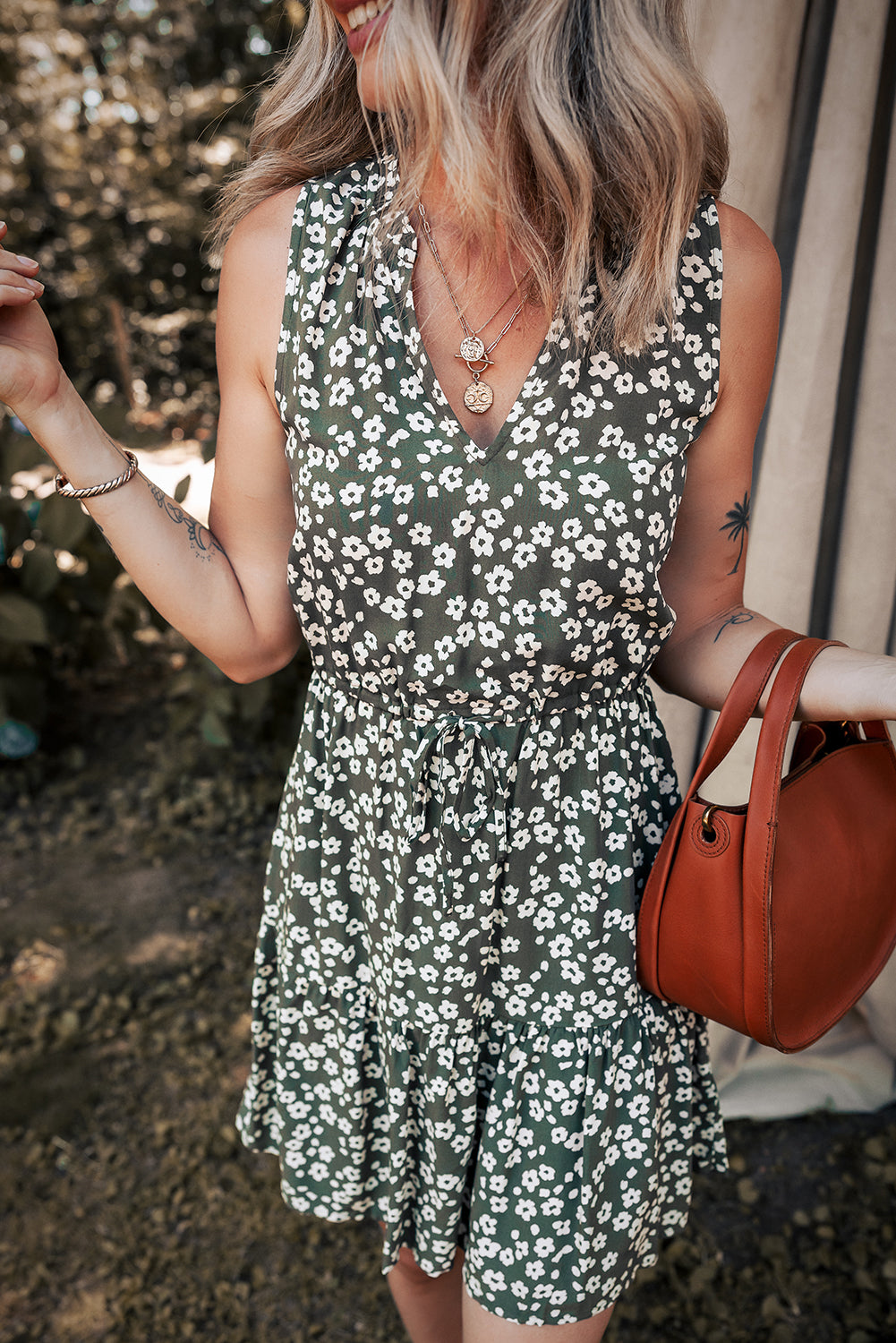 Green Boho Floral Print V Neck Tunic Sleeveless Dress 🇨🇳