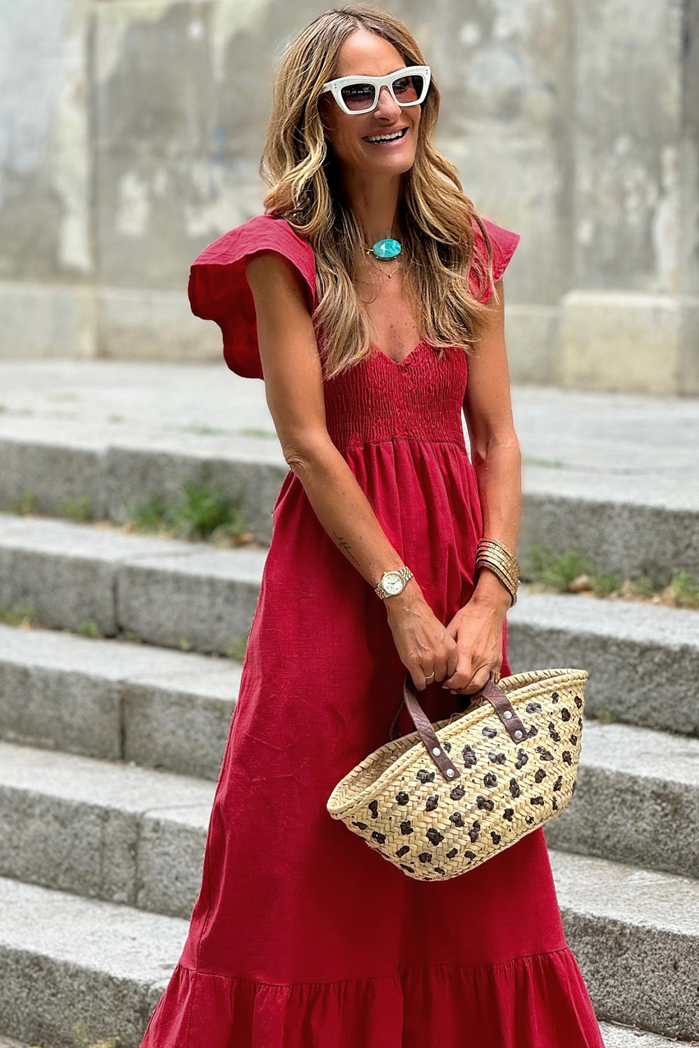 Fiery Red V Neck Flutter Sleeve Smocked Bodice High Waist Ruffle Maxi Dress 🇨🇳