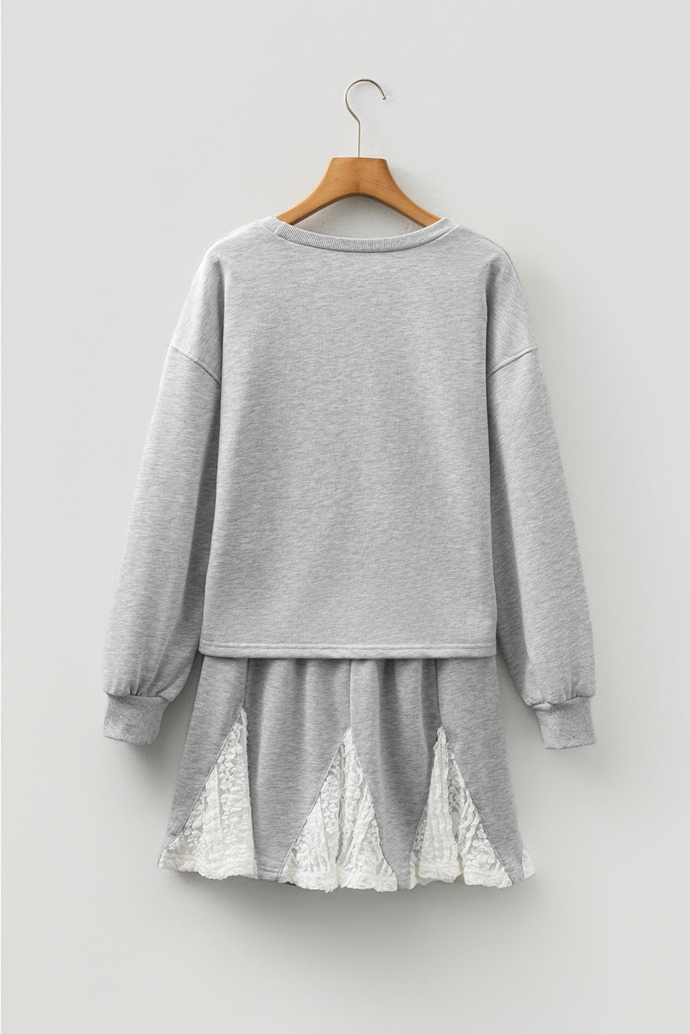 Light Grey Lace Patchwork Drop Shoulder Pullover Drawstring Skort 2pcs Outfit 🇺🇸