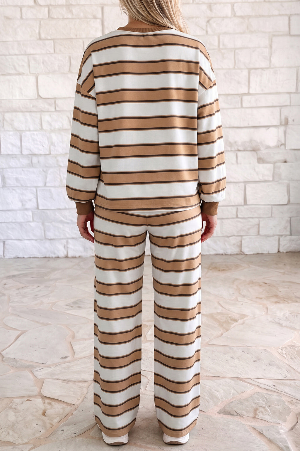 Khaki Stripe Contrast Trim Patchwork Casual Two-Piece Pants Set 🇺🇸
