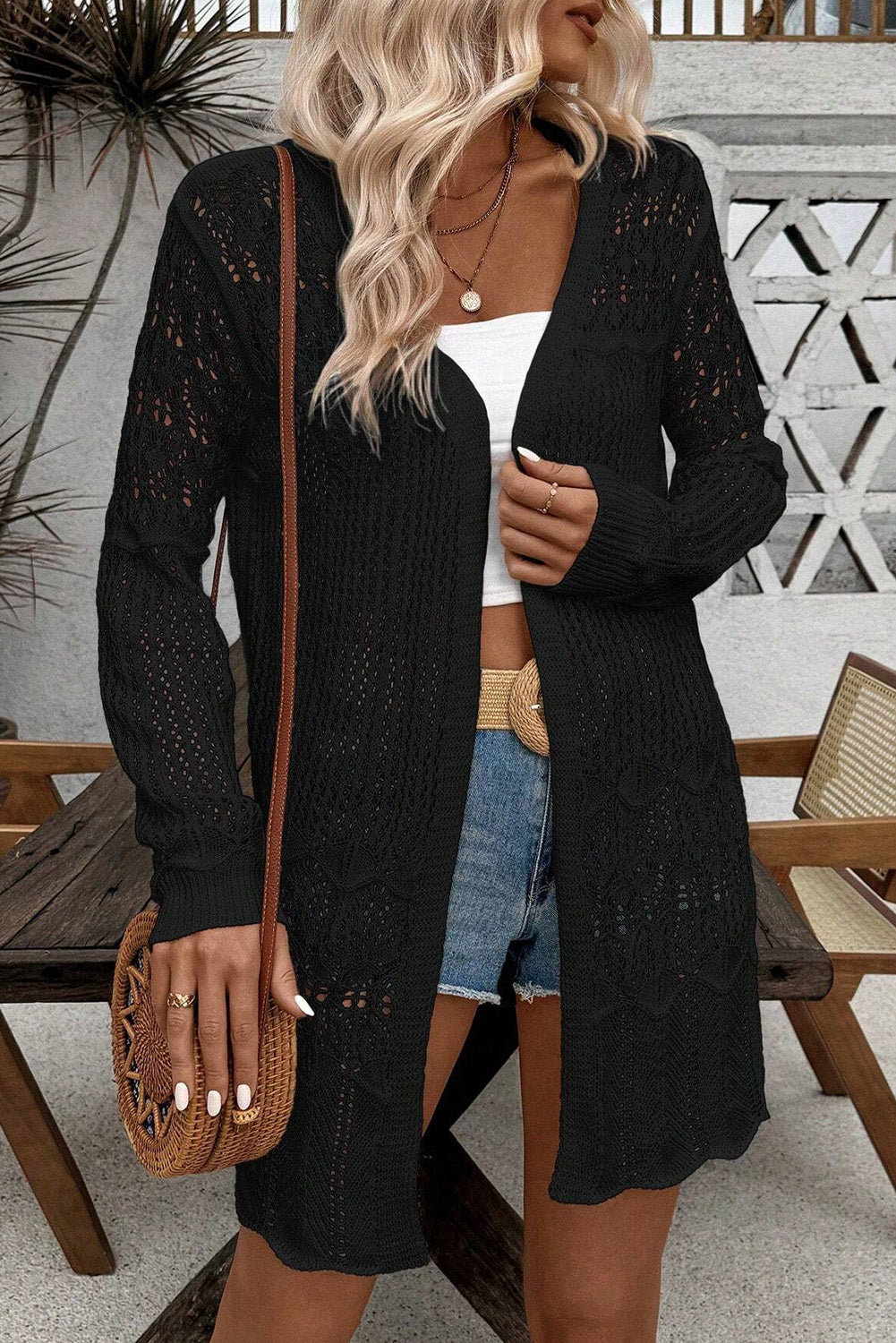 Black Crochet Hollow Out Open Front Cardigan 🇨🇳