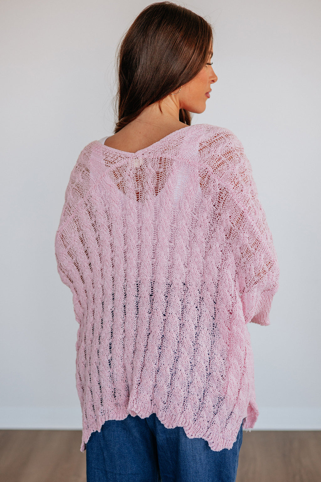 Old Rose Hollowed Pattern Knit Drop Shoulder Open Sweater Cardigan 🇺🇸