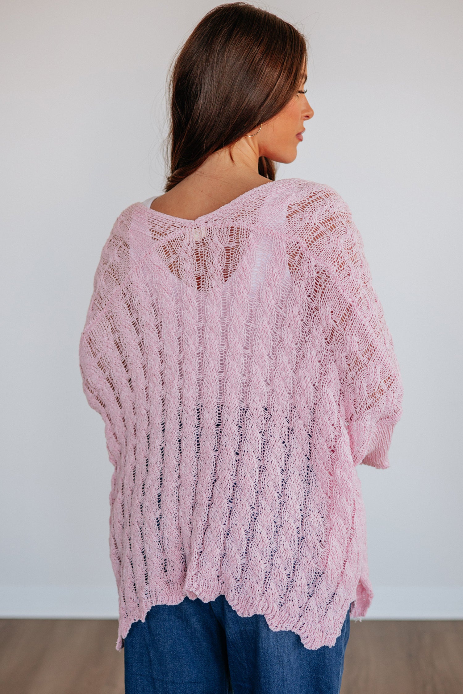 Old Rose Hollowed Pattern Knit Drop Shoulder Open Sweater Cardigan 🇺🇸