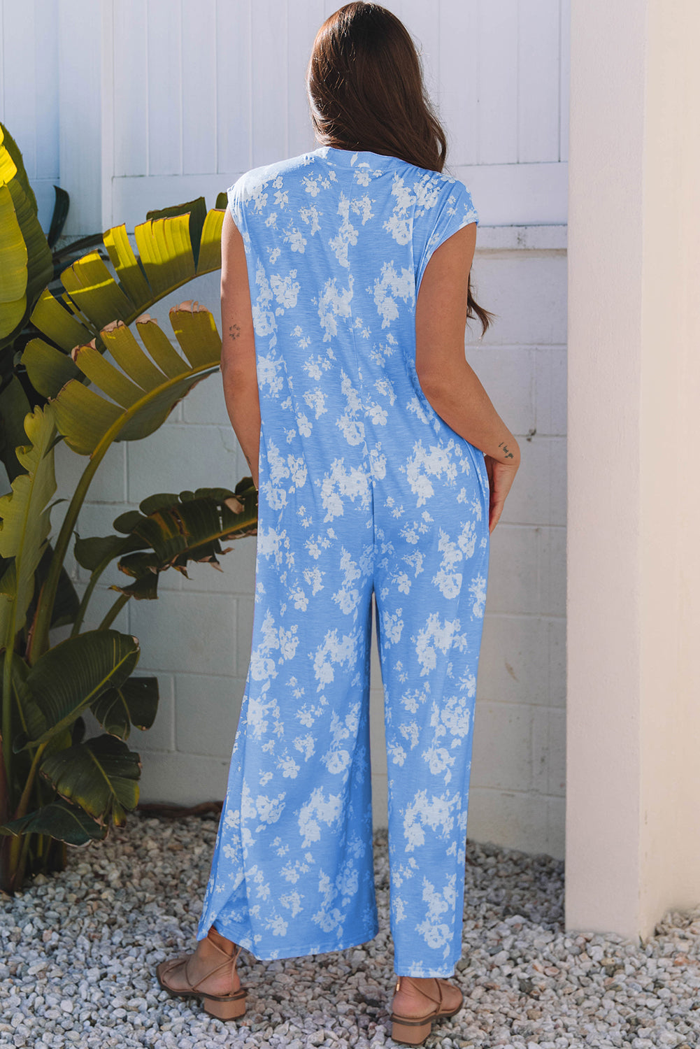 Myosotis Floral Print Half Button Wide Leg Relaxed Sleeveless Jumpsuit 🇺🇸
