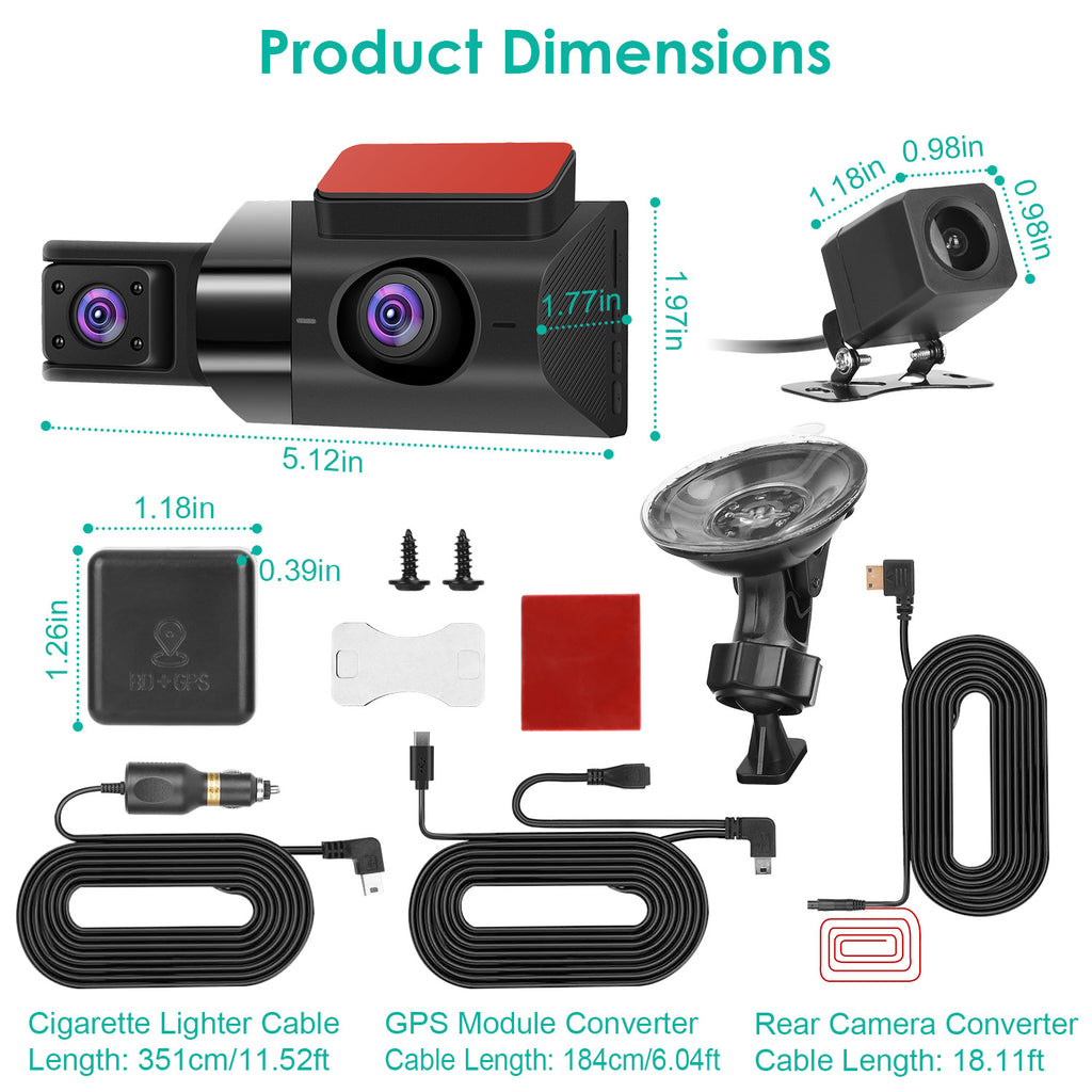 2K Car DVR 3 Channel Dash Cam Camcorder Camera Recorder With 140 Degree Angle GPS WiFi Night Vision G-sensor Loop Recording Parking Monitor 🇨🇳
