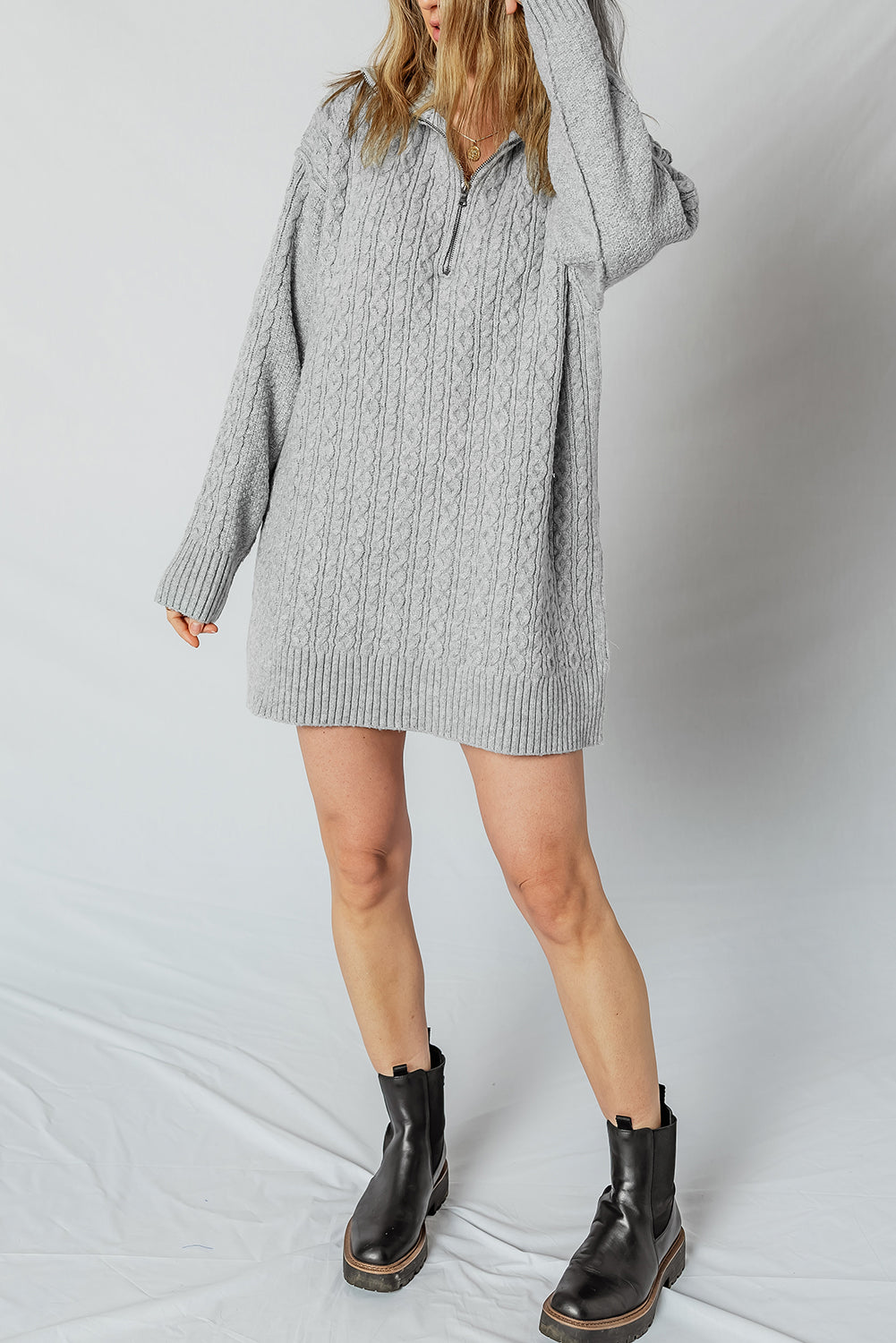 High Cable Knit Quarter Zip Ribbed Trim Loose Sweater Dress 🇺🇸