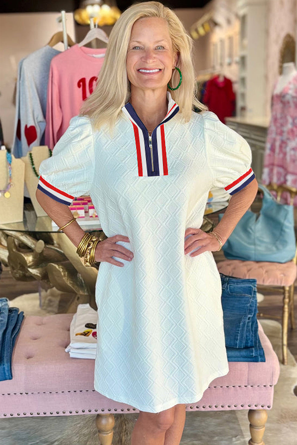 White Textured Jacquard Colorblock Edge Puff Sleeve Quarter Zip Mini Dress 🇨🇳