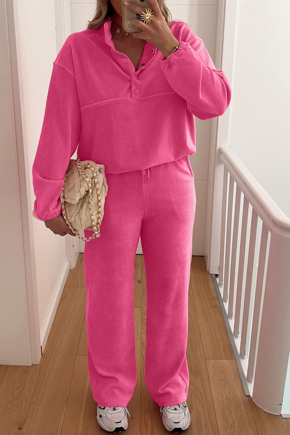 Peach Blossom Half Button Pullover Drawstring Pants Solid Color Corduroy 2pcs Outfit 🇺🇸