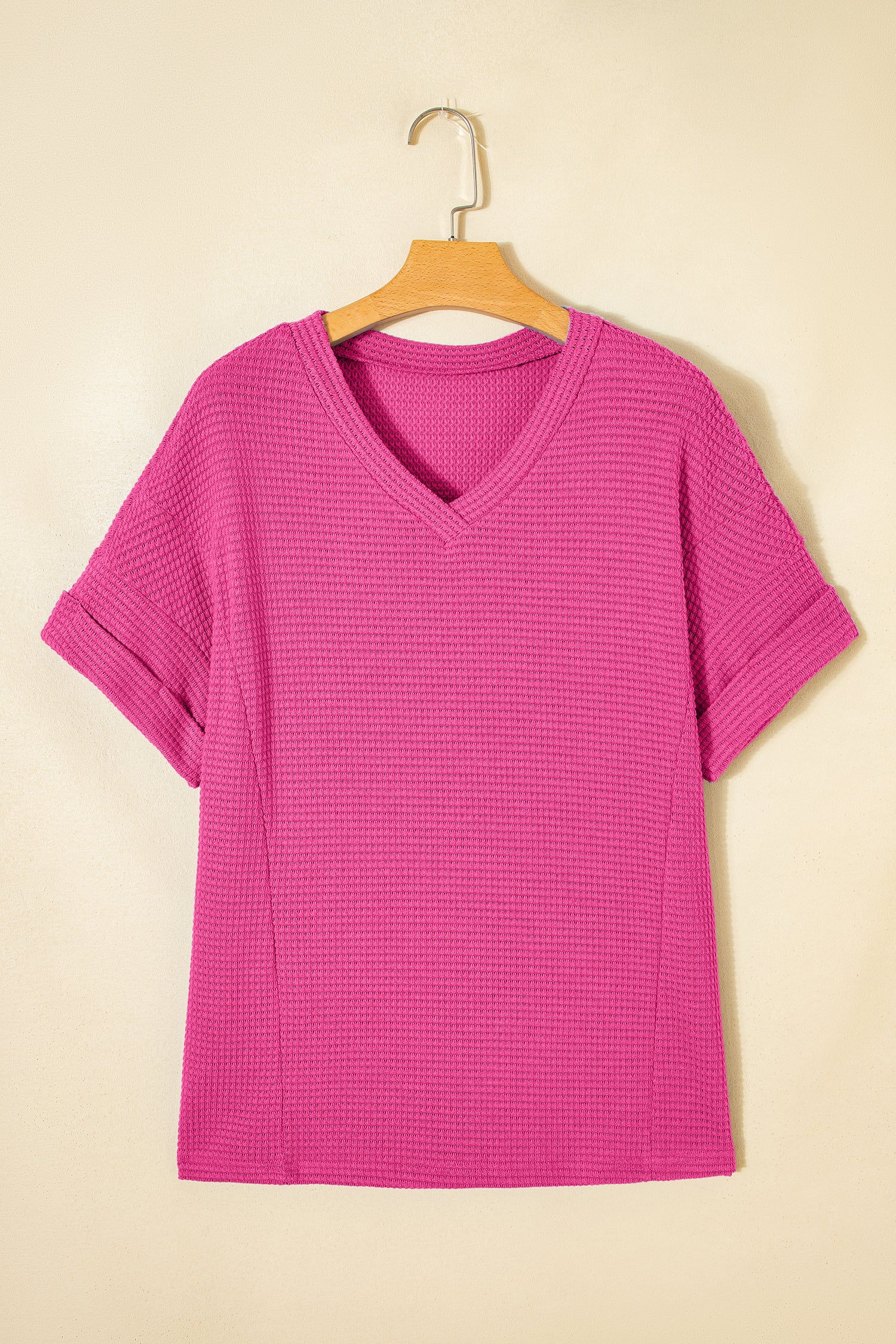 Strawberry Pink Waffle V Neck Short Sleeve Knit Top 🇺🇸