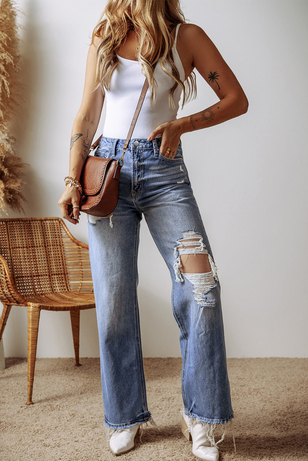 Ashleigh Blue Distressed Raw Hem Straight Leg High Waist Jeans 🇨🇳