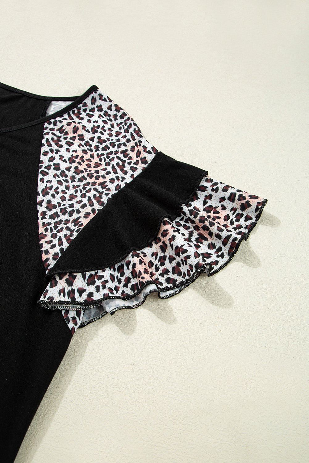 Black Leopard Ruffle Patchwork Sleeve Plus Size Top 🇺🇲