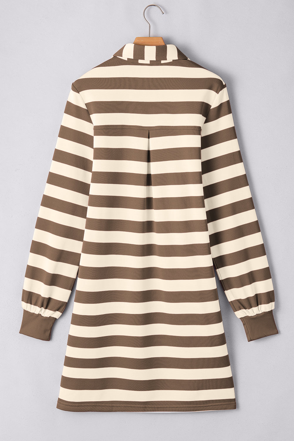Khaki Stripe Collared V Neck Long Sleeve Loose Casual Dress 🇺🇸