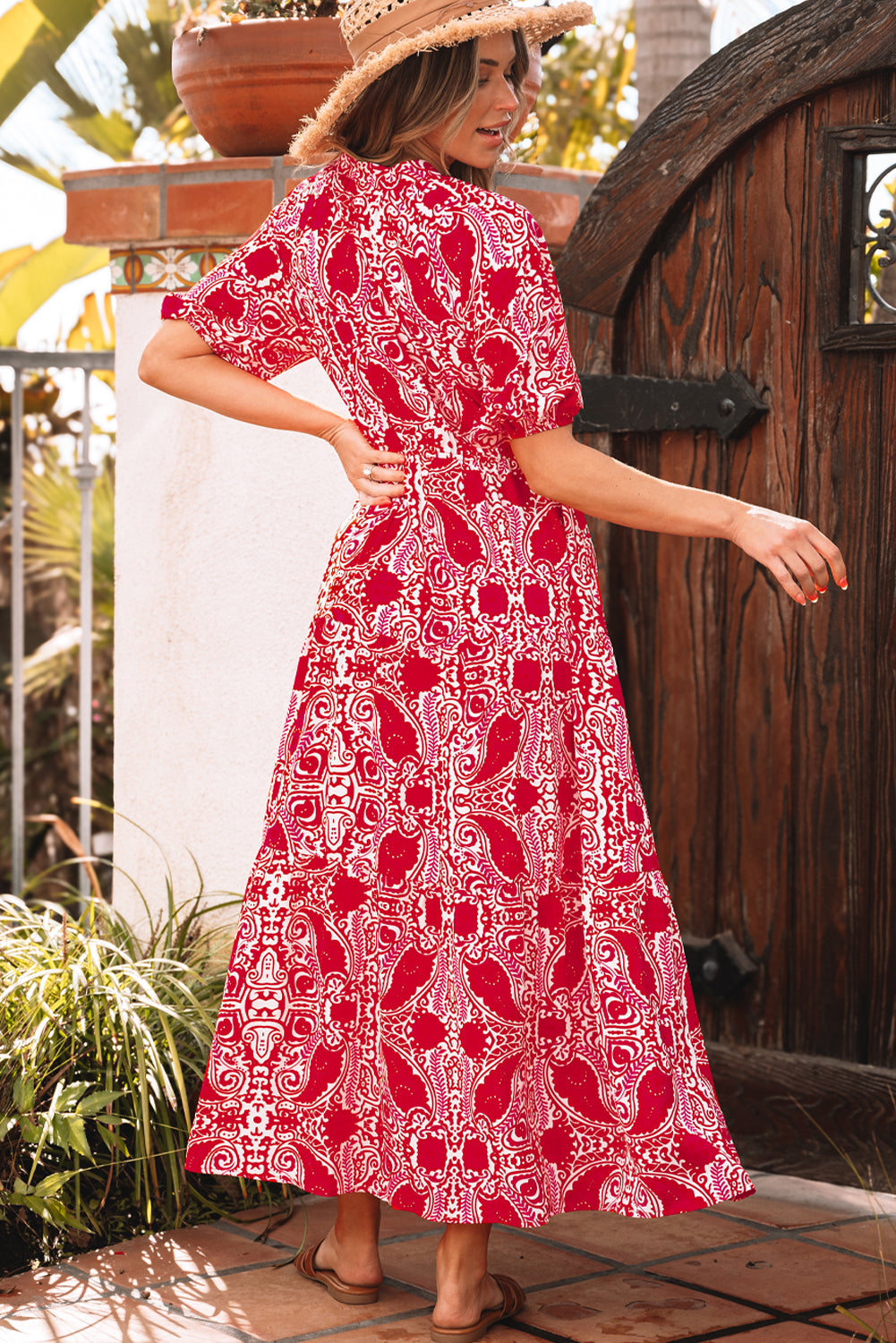 Red Paisley Print Side Slit Puff Sleeve High Waist Maxi Dress 🇺🇸
