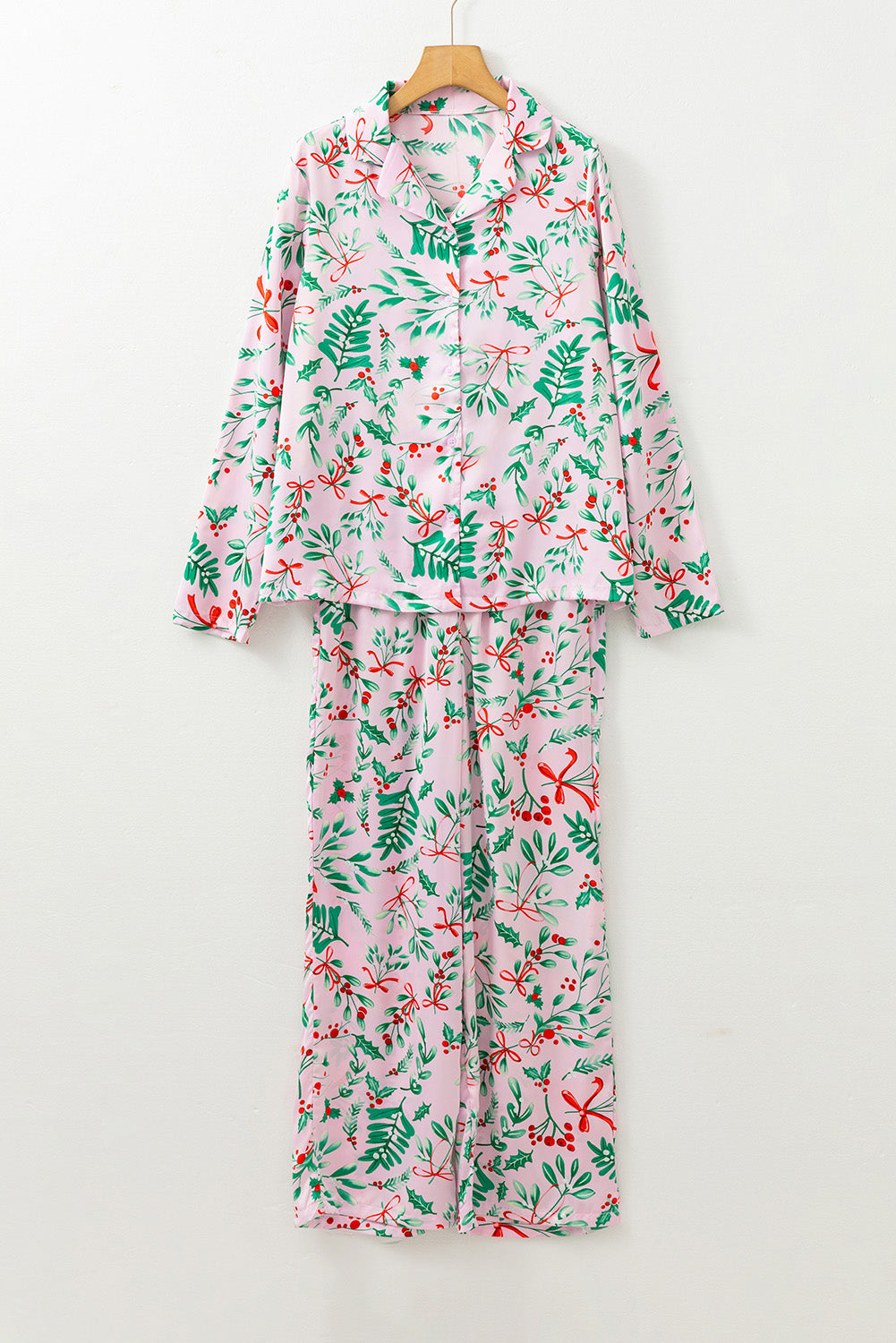 Pink Christmas Berries Plant Print Satin Long Sleeve Pajama Set 🇺🇸
