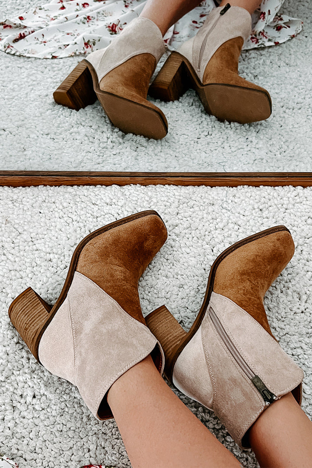 Camel Two Tone Faux Suede Square Toe Chunky Heel Boots 🇺🇸