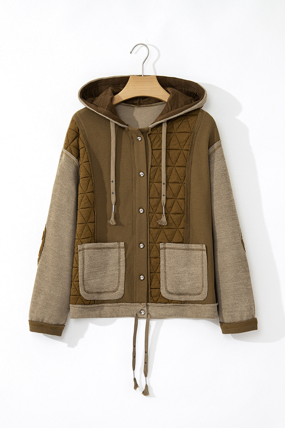 Jungle Green Quilted Textured Patchwork Loose Fit Hooded Jacket 🇺🇲