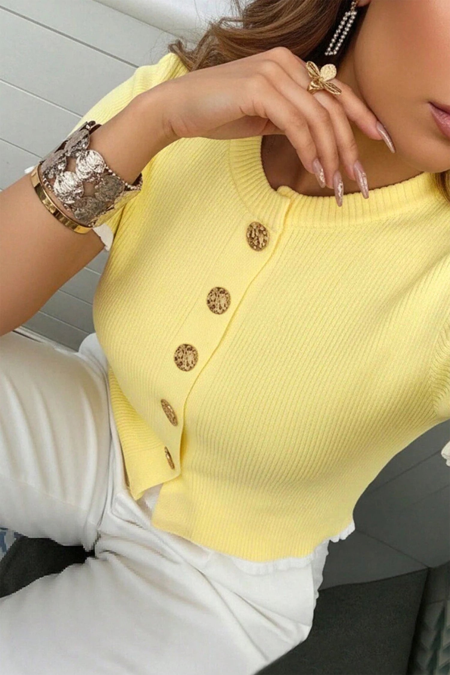 Yellow Cream Ribbed Knit Contrast Frilled Short Sleeve Sweater Cardigan 🇺🇸